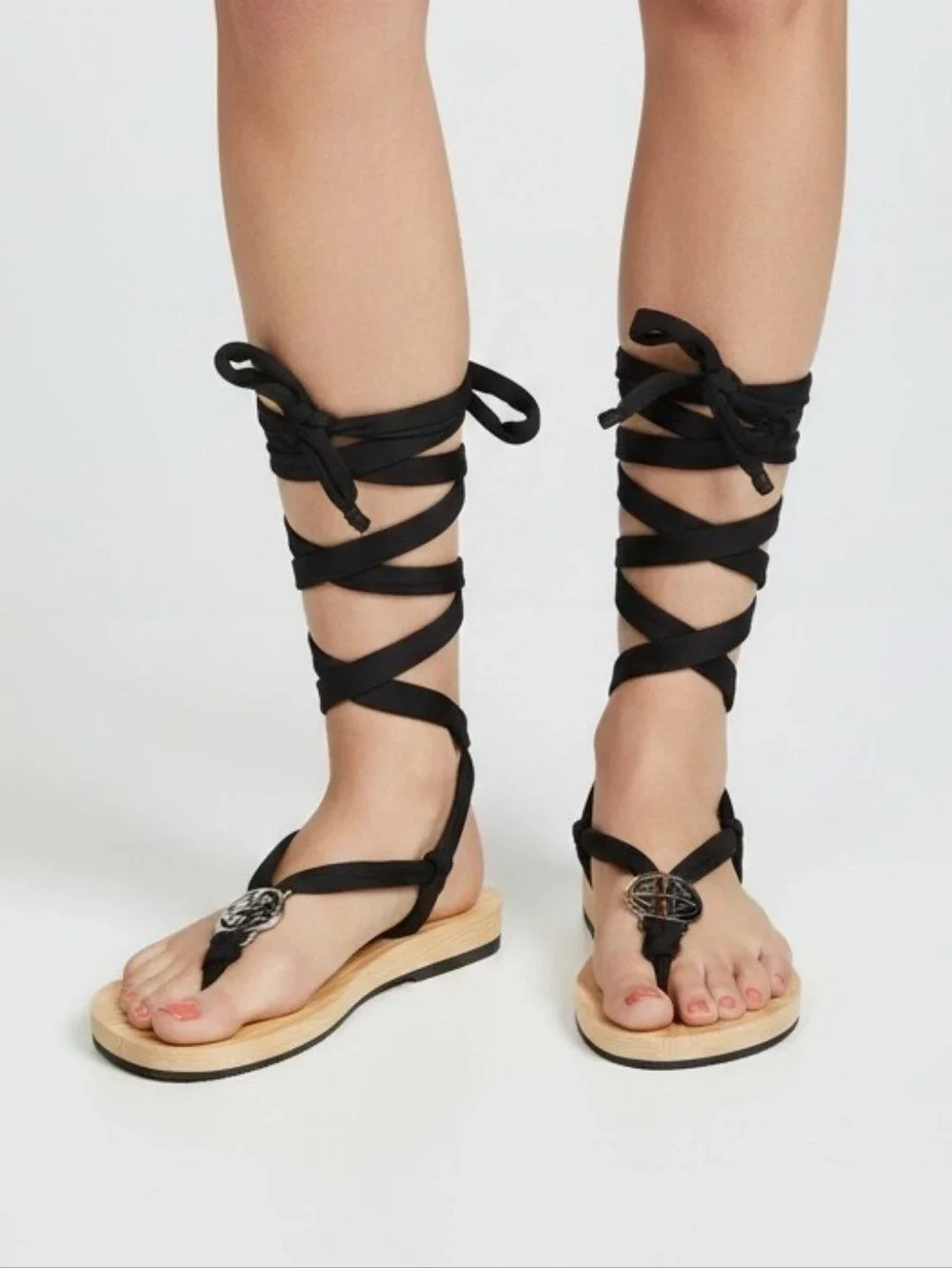Black Lace-Up Thong Sandals with Decorative Medallion